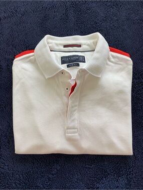 Denim & Flower White Polo with Red /Navy Shoulder and Placket Details
